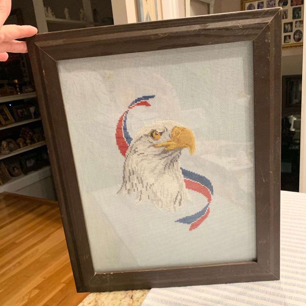 Vintage Framed Needlepoint Patriotic Bald Eagle